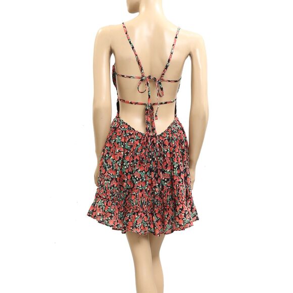Free People Taking Sides Printed Mini Dress Tomato Tiered Ruffle Cotton M 283183 - Picture 7 of 9